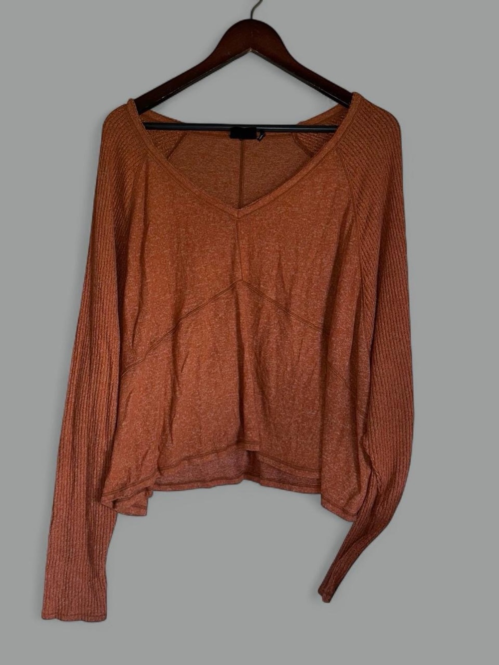 UO Out From Under Hazel Blocked Long Sleeve V-Neck Sweater Rust Orange
